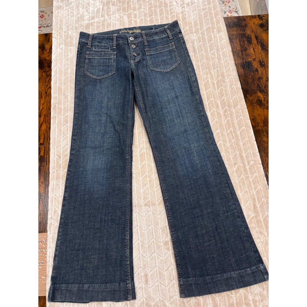 American Eagle Wide Leg Dark Wash Jeans Button Fly Patch Pockets Size 12 - Picture 2 of 12